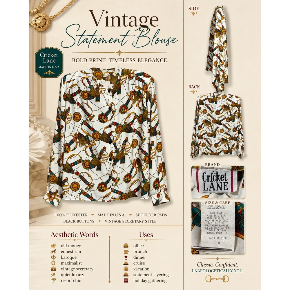 Cricket Lane Equestrian Chain Print Blouse Shoulder Pads Size 20 Ivory Vintage